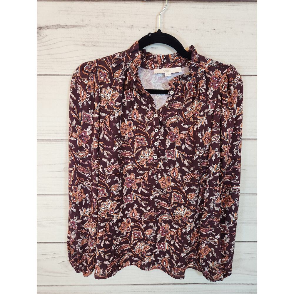 Loft Women's Maroon Floral Long Sleeve Mock Neck Half Button Blouse‎ Size XS